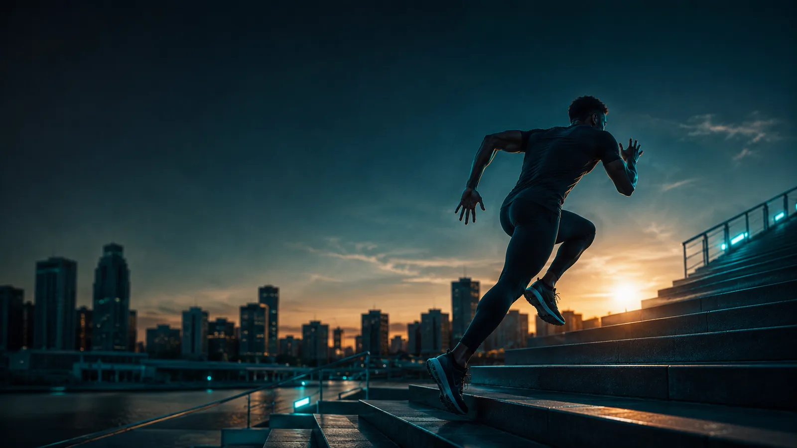 Runner sprinting up waterfront steps at dusk with the city skyline behind
